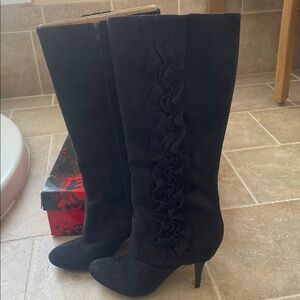 Fergalicious by Fergie Party Favor Elegant Black Suede Knee-High Heeled Boots